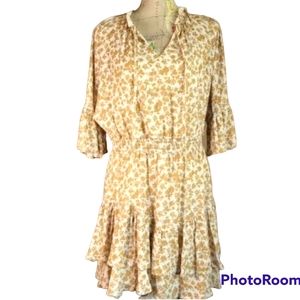 NWT Peach Love Size Large Tan Floral Bell Sleeve Ruffled Mini Dress Western Boho